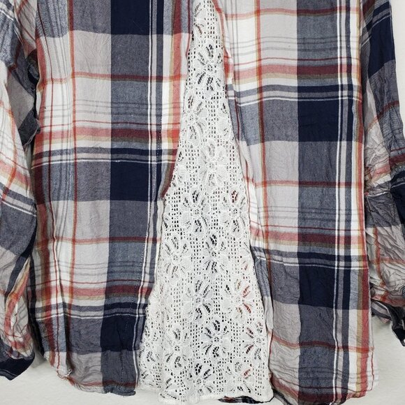 Knox Rose Plaid Flannel Blouse with button roll tabs and  crochet inlay, Size XL - Picture 7 of 13